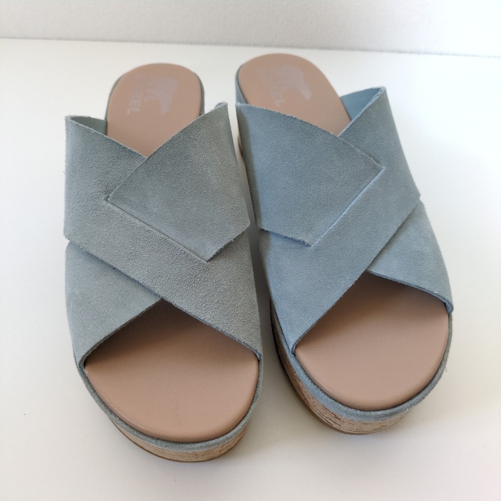 Sorel Cameron Flatform Sandal Women 9.5 Blue Suede Cross Strap Platform NL4631 - Picture 2 of 8